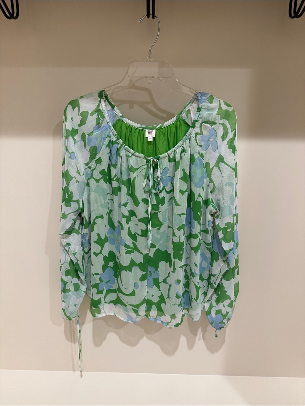 Green Floral Tie-Neck Peasant Blouse